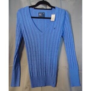 American Eagle Y2K Cable Deep V Blue Long Layering Sweater NWT Large